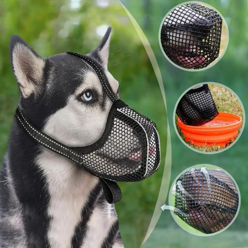 Dog Muzzle Pet Mouth Cover Anti Bark Bite Mesh Anti-Biting Chewing Adjustable Mesh with Reflective Strap Pet Supplies