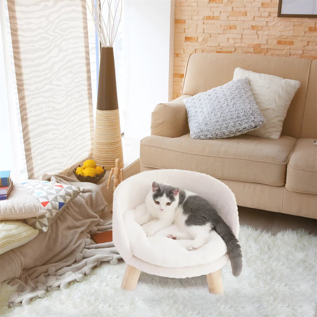 luxury cat bed soft warm plush fabric pet nesting chair bed stool wood legs