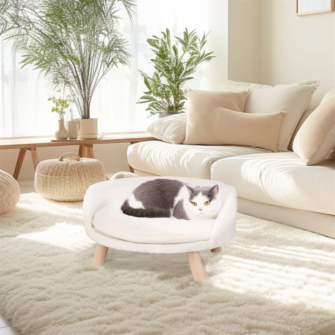 luxury cat bed soft warm plush fabric pet nesting chair bed stool wood legs