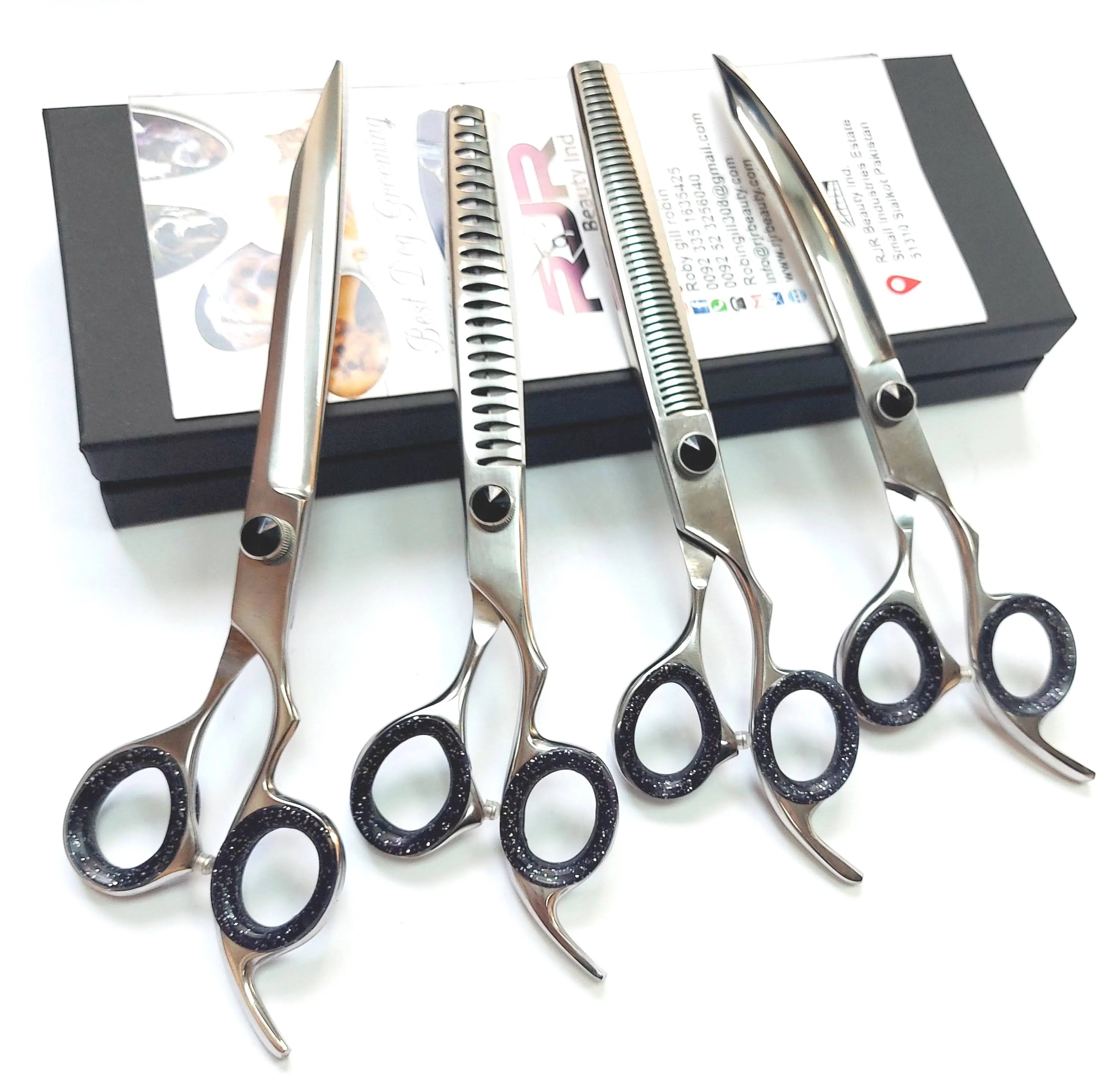 Rgill Scissors 8.0 Inch JP440c Steel Shark Tooth Thinning Straight Curved Scissors Pet Grooming Shears Kit